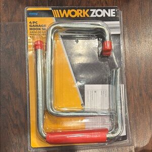 Work Zone 4 Hook Set Garage 4 Set- Silver with Red Grips Organization NWT